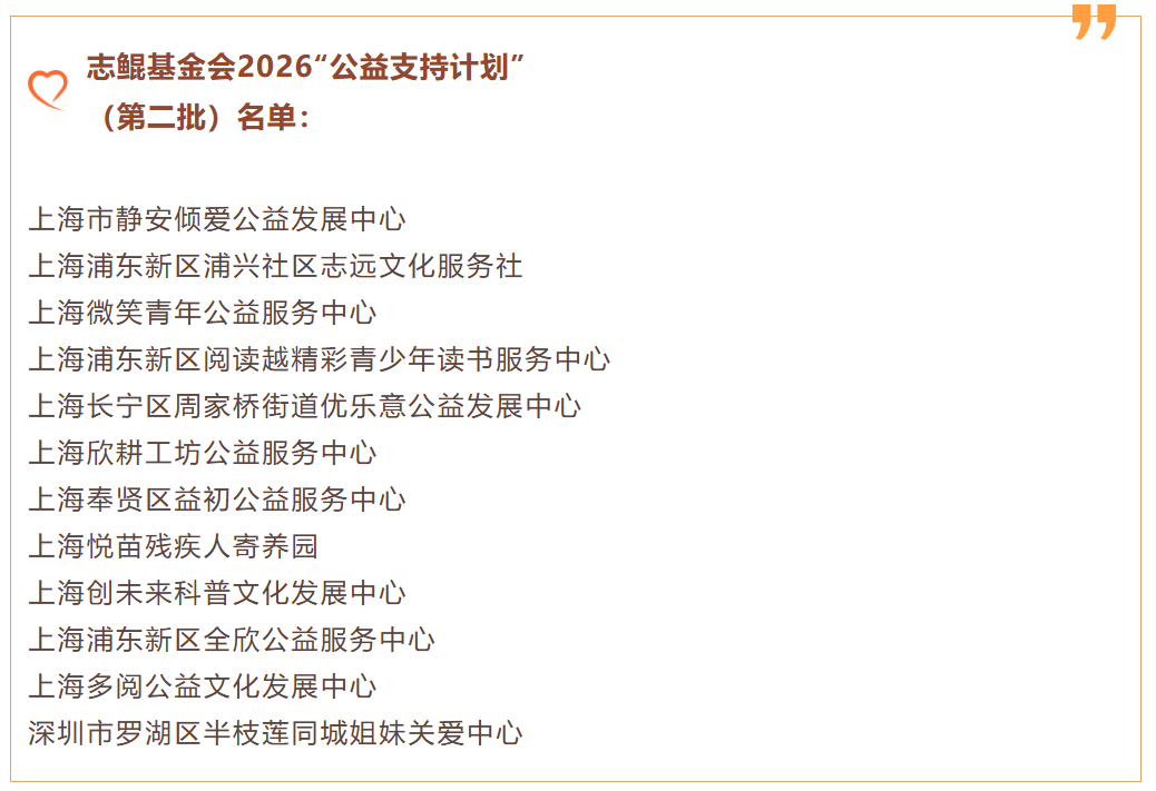 12家机构入选！志鲲基金会2026年&ldquo;公益支持计划&rdquo;合作伙伴（第二期）公示